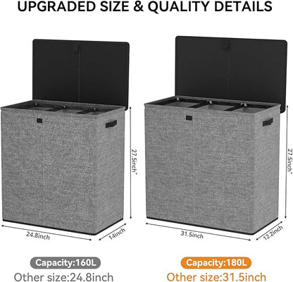 WOWLIVE Laundry Hamper with Lid,180L Large Laundry Basket 3 Section with Removable Washing Bags,Collapsible Waterproof Dirty Clothes Hamper for Laundry Room Bathroom Dorm,Gray