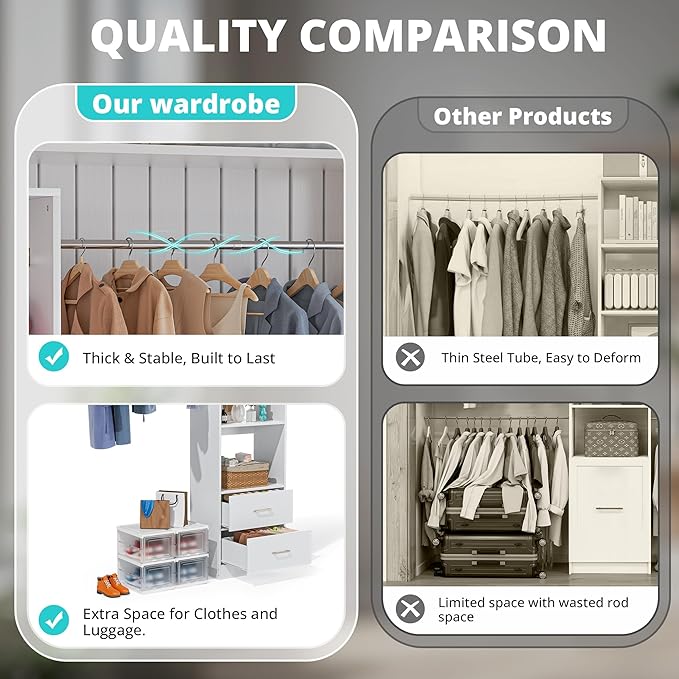 11 Ft Expandable Closet System, 6.7 Ft High Wood Closet Organizer with 4 Drawers & 4 Hanging Rods, Modular Wardrobe Storage Rack with Adjustable Shelves for Walk-in Bedroom, White