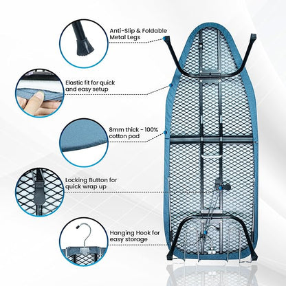 Metal Mesh Panel Tabletop Ironing Board | Foldable Iron Board | Heavy Duty Small Iron Board with Heat Resistant Cover and 100% Cotton 8mm Thicken Pad (Blue)
