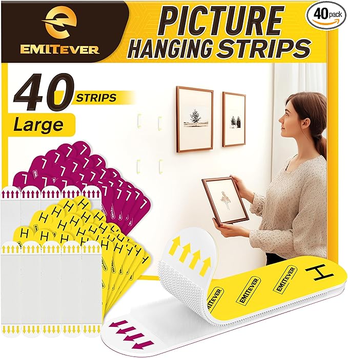EMITEVER Picture Hanging Strips Heavy Duty, Damage Free Picture Hangers for Walls, Hanging Hooks Kit Without Nails, Large Adhesive Wall Strip for Poster Sticky 20-Pairs (40 Strips)