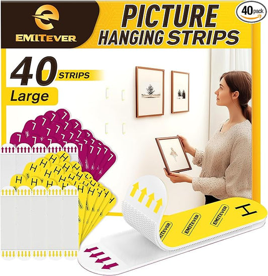 EMITEVER Picture Hanging Strips Heavy Duty, Damage Free Picture Hangers for Walls, Hanging Hooks Kit Without Nails, Large Adhesive Wall Strip for Poster Sticky 20-Pairs (40 Strips)