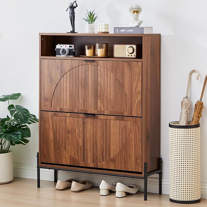 Fluted Shoe Cabinet with 2 Flip Drawers, Slim Freestanding Hidden Shoe Cabinet Organizer, Narrow Shoes Storage Rack for Entryway (All Walnut-2 Drawers, 9.45" D x 31.5" W x 41.93" H)