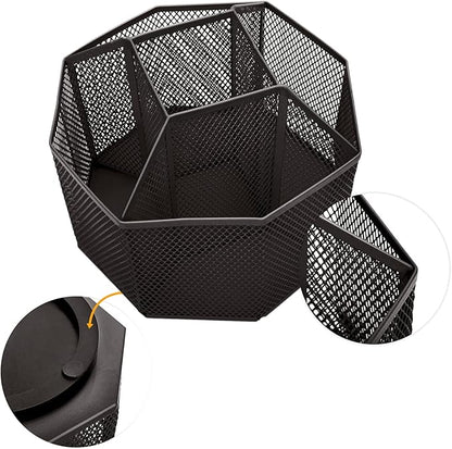 Annova Mesh Desk Organizer Rotate with 5 Compartments Spinning Tidy Candy/Pen Holder Office, Art Supply, Storage, Classroom, Home (Black)