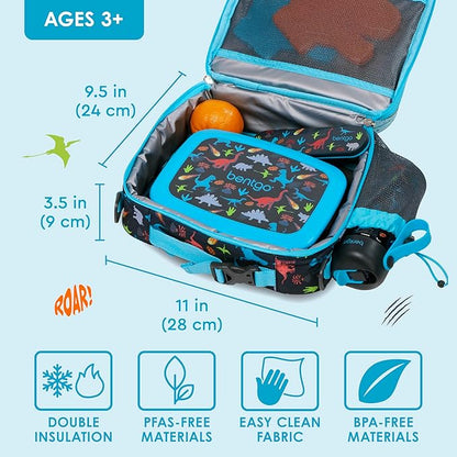 Bentgo Kids Lunch Bag - Durable, Double-Insulated Lunch Bag for Kids 3+; Holds Lunch Box, Water Bottle, & Snacks; Easy-Clean Water-Resistant Fabric & Multiple Zippered Pockets (Dinosaur)