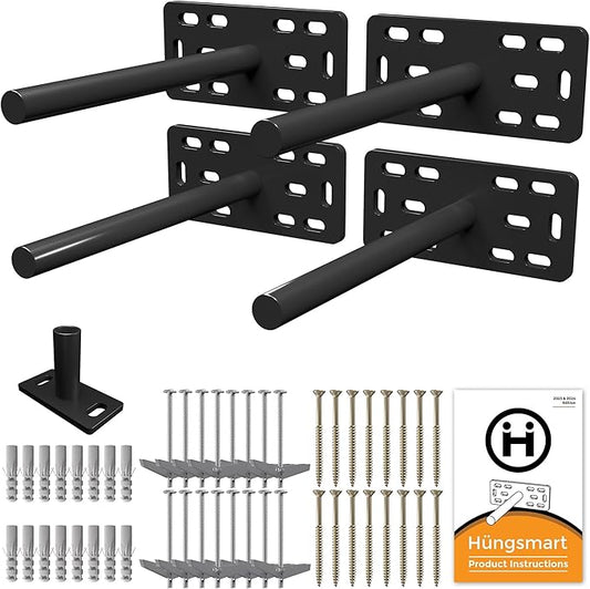 (Set of 4) 4"x5"x2" XL Heavy Duty Floating Shelf Brackets for DIY Shelf- Premium Floating Shelves Hardware for Wall Mounting - Ideal Shelf Bracket for Enhanced Home Decor (8 inch Rod) Black