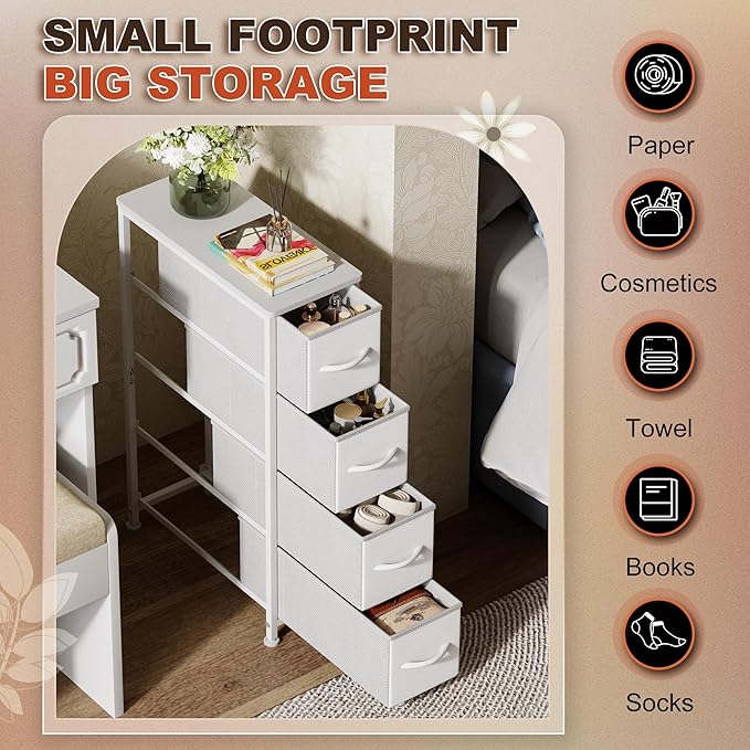 Narrow Dresser Storage Tower with 4 Drawers, Slim Dresser Chest of Drawers with Steel Frame, Wood Top, Dresser for Bedroom, Bathroom, Small Spaces, Laundry, Closet (White)