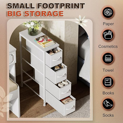 Narrow Dresser Storage Tower with 4 Drawers, Slim Dresser Chest of Drawers with Steel Frame, Wood Top, Dresser for Bedroom, Bathroom, Small Spaces, Laundry, Closet (White)