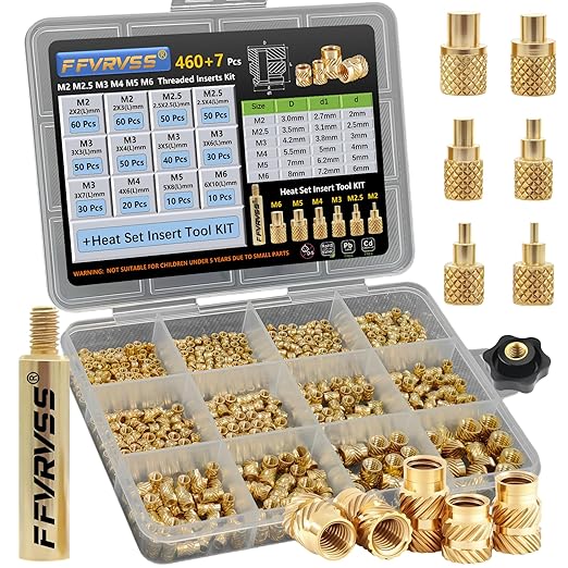 460+7Pcs M2 M2.5 M3 M4 M5 M6 Premium Brass Threaded Inserts, Metric Brass Knurled Nuts Assortment Kit, with Heat Set Insert Tool, for Plastic and 3D Printing Components, All-in-one Solutions