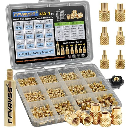 460+7Pcs M2 M2.5 M3 M4 M5 M6 Premium Brass Threaded Inserts, Metric Brass Knurled Nuts Assortment Kit, with Heat Set Insert Tool, for Plastic and 3D Printing Components, All-in-one Solutions