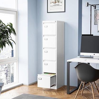 5 Drawer File Cabinet, Filing Cabinets for Home Office, Vertical File Cabinet with Lock, 61.6" H Locking File Cabinet for A4 Legal/Letter, Assembly Required (White)
