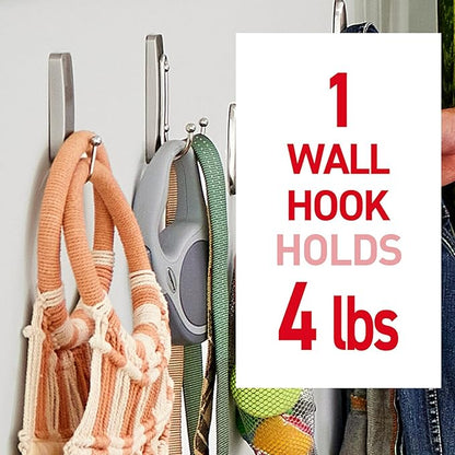 Command Large Brushed Nickel Double Hooks, 2 Hooks and 2 Strips, Damage Free Hanging Wall Hooks with Adhesive Strips, No Tools Coat Hooks for Hanging Home Decor, Holds up to 4 lb