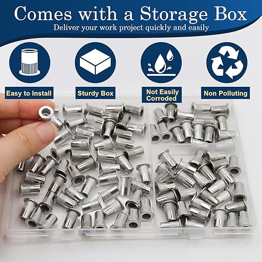 8-32 UNC Rivet Nut, 100Pcs 304 Stainless Steel Flat Head Rivnut Threaded Insert Nutsert