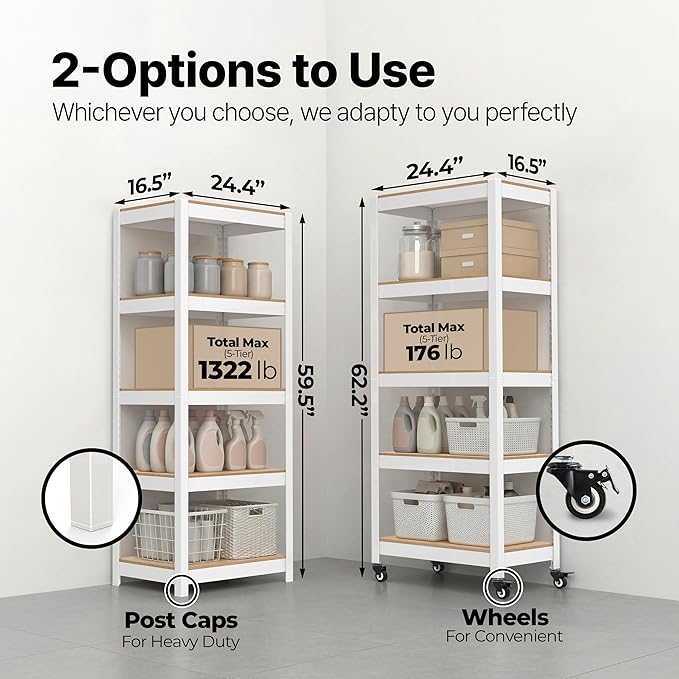 HOMEDANT House 5 Tier Heavy Duty Garage Shelving Adjustable Metal Rack Storage Shelves Standing Shelf Unit Organizers Pantry Closet Office (2, White, (Wheels) 24.4" W x 16.2" D)