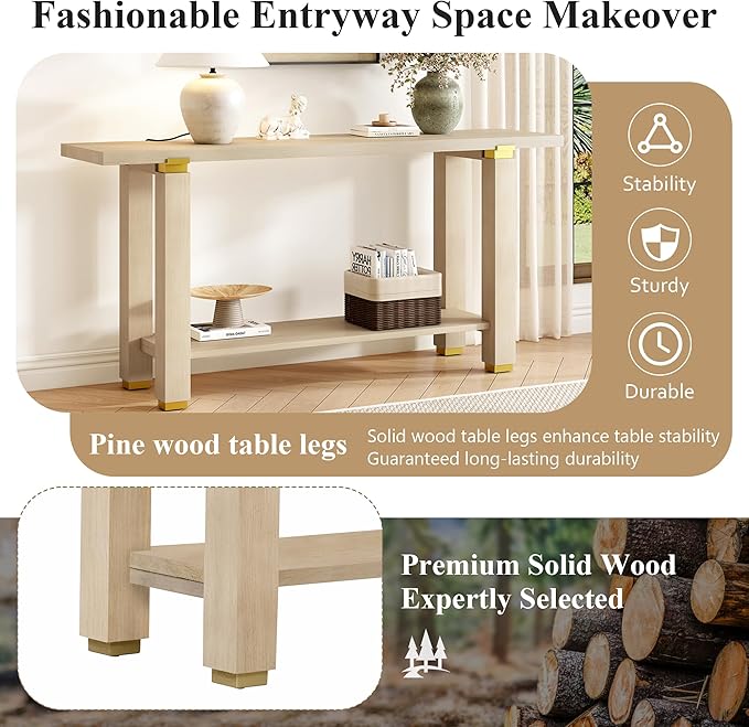 62.9" Modern Minimalist Console Table, Solid Wood Entryway Sofa Table with Metal Accents, 2-Tier with Open Shelf and Built-in Shelf for Living Room, Hallway (Natural-J22)
