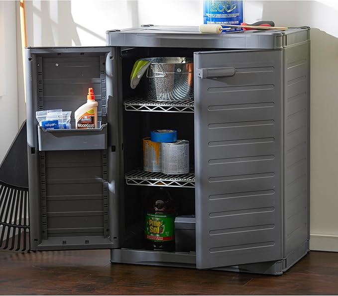 Gracious Living 2-Shelf Base Cabinet, MaxIt Lockable Utility Storage with Adjustable Shelves for Garage, Basement, Workshop, Grey - Small