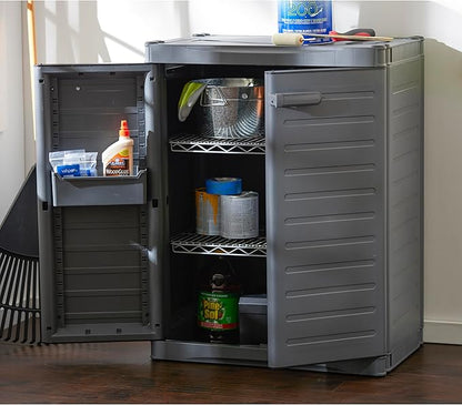 Gracious Living 2-Shelf Base Cabinet, MaxIt Lockable Utility Storage with Adjustable Shelves for Garage, Basement, Workshop, Grey - Small