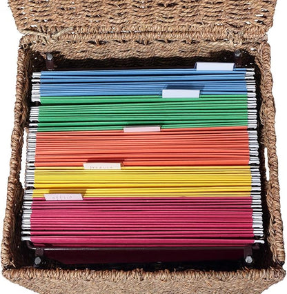 URFORESTIC Seagrass File Filing Cabinet File Box Organizer | Collapsible Letter Size Hanging File Box Organizers with Lid | Decorative Seagrass Filing & Storage Office Box | Letter Size (Natural)