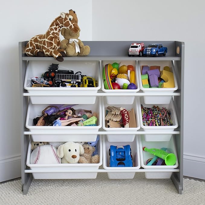 Humble Crew Toy Storage Organizer with Top Shelf and 9 Removable Bins, Grey/White – Toddler Bookshelf with Toy Organizer - Modern Toy Rack Ideal for Kids' Rooms, Playrooms, and Nurseries