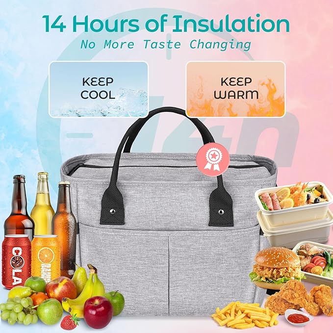 KIPBELIF Cute&Classy Roomy Insulated Lunch Bags for Women - Stylish & Functional Large Tote Adult Lunch Box for Working & Picnic(Extra Large,Gray)