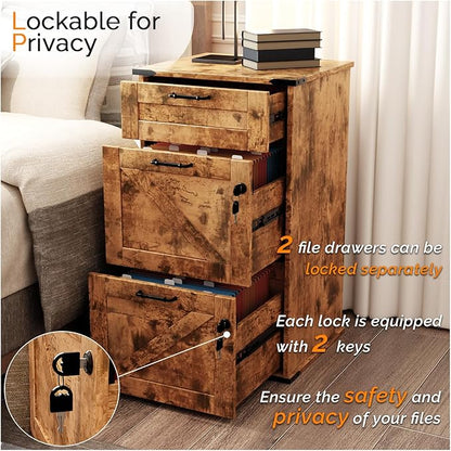 VINGLI 3 Drawer File Cabinet with Lock, Home Office Filing Organizer, for Letter Size File Folder Storage, Modern Farmhouse Style, Wood Vertical Filing Cabinet, Archivador (Rustic Brown)