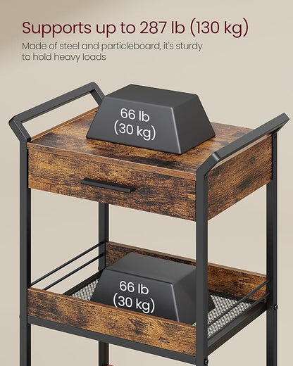 VASAGLE Storage Cart, 4-Tier Rolling Utility Cart with Table Top, Handles, 4 Lockable Casters, Top Drawer, Mesh Shelves, for Kitchen, Bathroom, Bedroom, Rustic Brown and Ink Black ULRC049K01