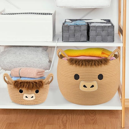 Highland Cute Cow Basket Set for Nursery, Woven Storage Cotton Rope Basket, Baby Blanket 0rganizer with Ears Handles, Blanket Towel Decor Toy Clothes Gifts Storage Cat Dog Bin, Pack of 2