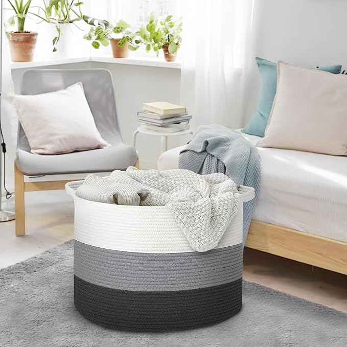 Extra Large Cotton Rope Basket, 22” X 22” X 14” Blanket Storage for Living Room, Soft Kids Dog Toy Bin Box, Woven Round Baskets for Organizing, Big XXL Blanket Pillow Holder Organizer