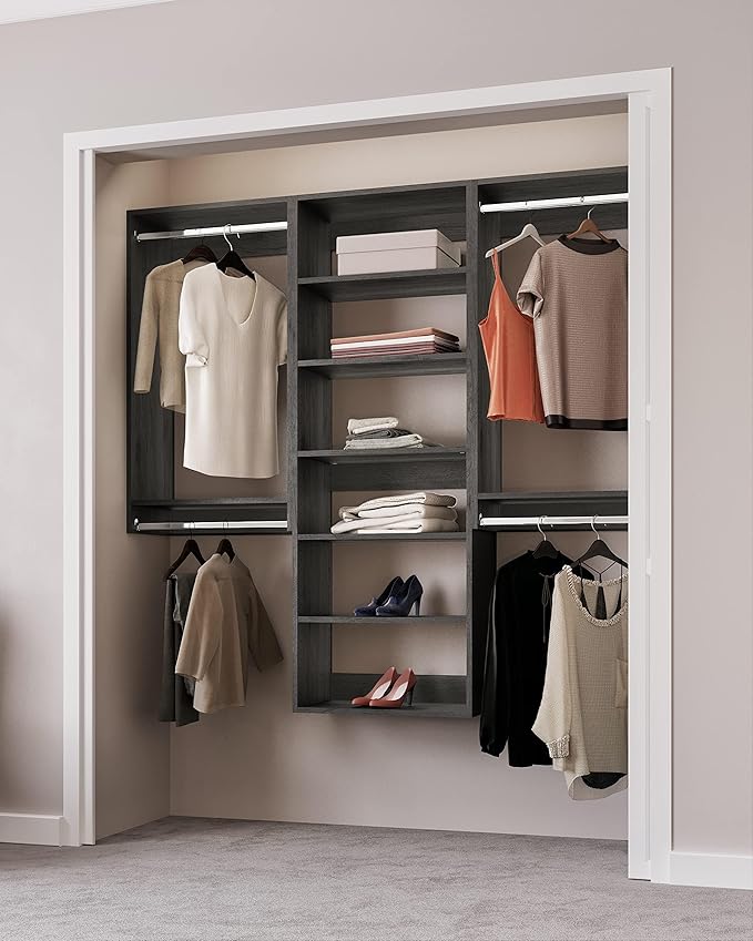 Modular Closets Vista Collection Closet Organizer System - 3 Piece Wall Mounted Kit with Hanging Rods & Shelves, Grey, Fits Closets 66” or wider