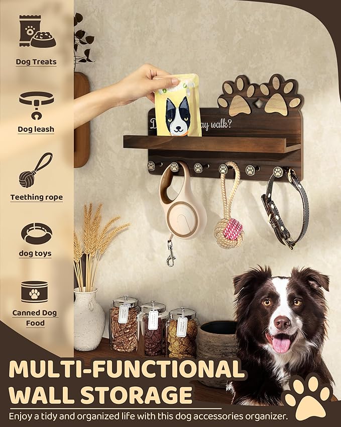 MTERSN Farmhouse Dog Leash Holder for Wall - Cute Key Holder Wall Mount with Floating Shelf & 6 Paw Hooks - Dog Lover Gifts for Wall Organize and Elevate Room Decor (Brown)