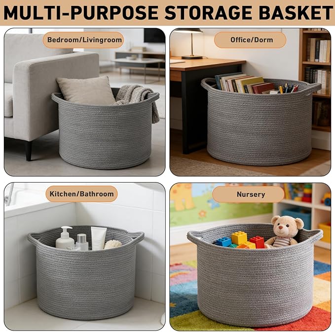 90L Large Blanket Basket,21.7"L x 21.7"W x 13.8"H Rope Woven Baskets with Handles, Toys Storage Bins,Laundry Basket Perfect for Living Room, Nursery,Bedroom,Home Organization,Dark Gry