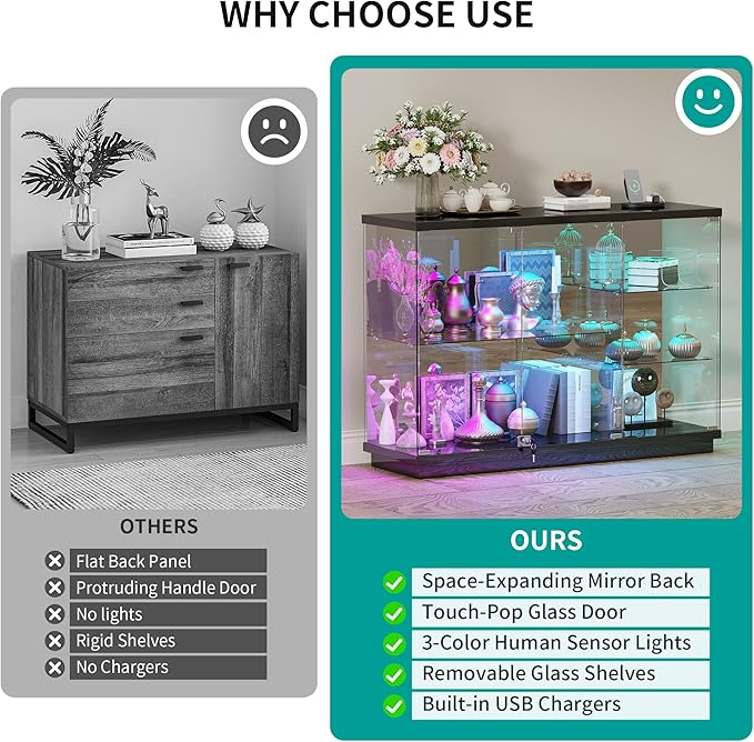 HNEBC 47.2" W Display Cabinet - with Lockable Glass Door,5-Tier Glass Display Case with 12 Lights Modes for Collectibles,Lighted Cuiro Cabinet with Human Sensor,China Cabinet,Living Room,Black