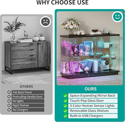 HNEBC 47.2" W Display Cabinet - with Lockable Glass Door,5-Tier Glass Display Case with 12 Lights Modes for Collectibles,Lighted Cuiro Cabinet with Human Sensor,China Cabinet,Living Room,Black