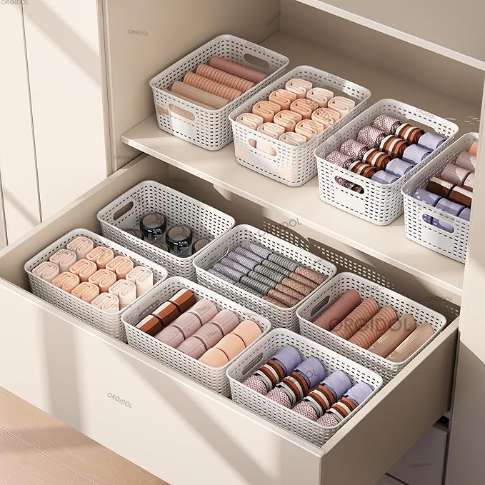 Plastic Storage Basket with Lids 10 Pack Stackable Storage Bins Containers with Lid, Decorative Storage Boxes for Organizing Shelves, Drawers, Playroom, Classroom, Office, Closet, White