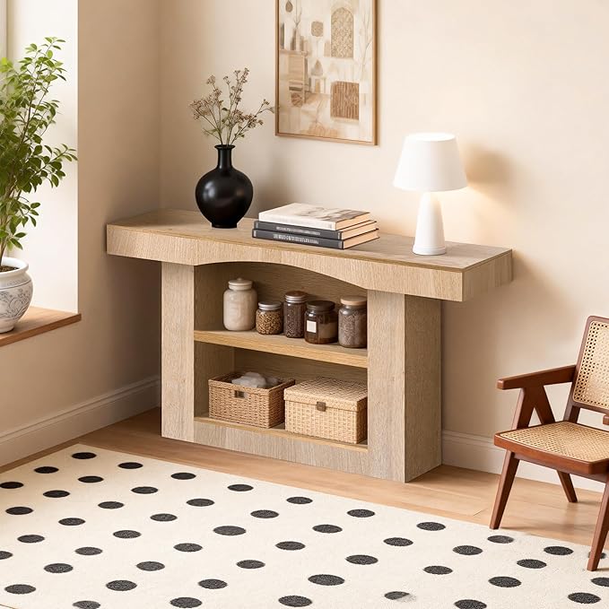 63 Inch Entryway Table Three-Shelf Cabinet, Wooden Console Table with Socket Farmhouse Sofa Table for Entrance, Hallway, Living Room,Behind Couch(Oak Brown)