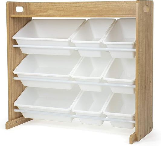 Humble Crew Toy Storage Organizer with Top Shelf and 9 Removable Bins, Natural/White – Toddler Bookshelf with Toy Organizer - Modern Toy Rack Ideal for Kids' Rooms, Playrooms, and Nurseries