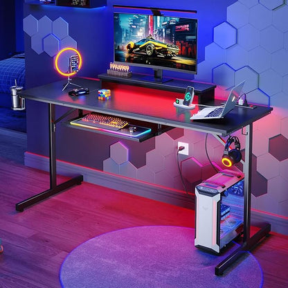 Bestier 63 Inch Gaming Desk with Power Outlets & LED Lights, Large Computer Desk with Monitor Stand & Keyboard Tray Home Office Table with Cup Holder & Headset Hook, Carbon Fiber Black