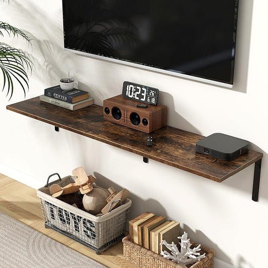 Fun Memories Rustic Brown 12 Inch Deep Floating Shelves Set of 2, Wall Mounted Shelf with Metal Brackets, Rustic Wood Wall Shelf for Bathroom, Kitchen and Living Room, Rustic Brown, 55W x 12D
