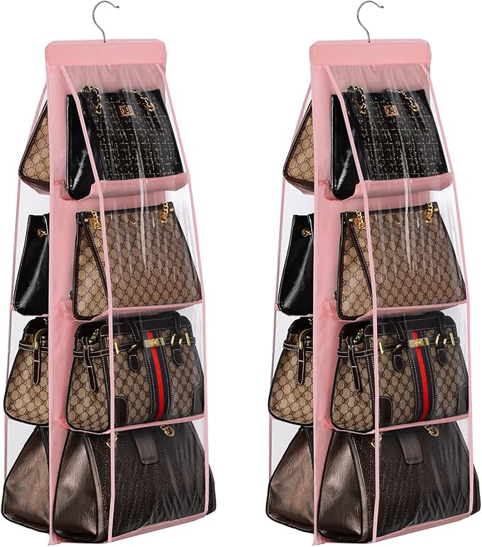 Lirex 2-Pack Handbag Hanging Purse Organizer for Closet, 8 Pocket Handbag Storage Organizer Hanger Oxford Cloth Closet Organizer for Family Closet Bedroom, Foldable and Universal Fit, Light Pink