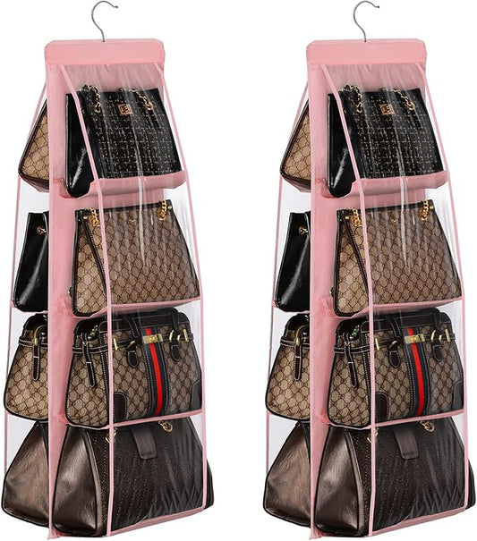 Lirex 2-Pack Handbag Hanging Purse Organizer for Closet, 8 Pocket Handbag Storage Organizer Hanger Oxford Cloth Closet Organizer for Family Closet Bedroom, Foldable and Universal Fit, Light Pink