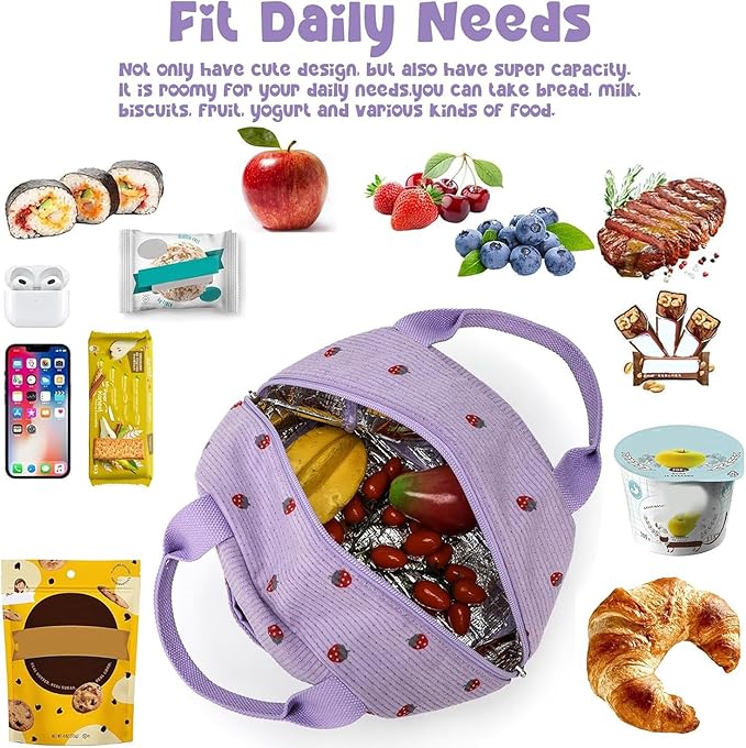 Bluboon Lunch Bag for Women Men Cute Corduroy Lunch Tote Bags Reusable Insulated Lunch Box Large Capacity Reusable Insulated Cooler for Work Picnic or Travel