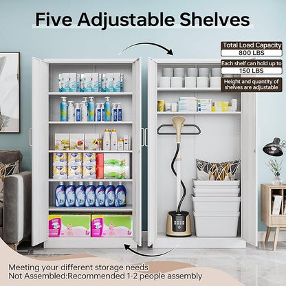 Metal Storage Cabinet with Lock, 71" White Garage Cabinets with 2 Doors and 5 Adjustable Shelves, Steel Locking Caninets Tall Tool Utility Caninet, Lockable File Cabnet for Home Office, Pantry