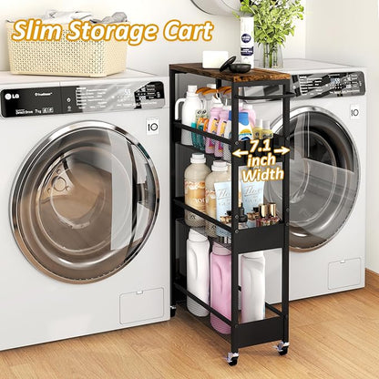 Slim Rolling Utility Cart, 4 Tier Metal Narrow Storage Cart with Handle and Wood Top, Multifunctional Small Mobile Shelf Unit Organizer Trolley for Laundry, Bathroom, Kitchen