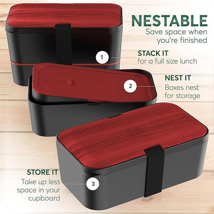 Umami Premium Lunch Box Containers w/ 4 Utensils, 2 Sauce Jars, Nestable Space-Saving Bento Box Adult, 100% Leakproof, Microwavable Lunch Containers for Adults, Rosewood Black, 50 oz