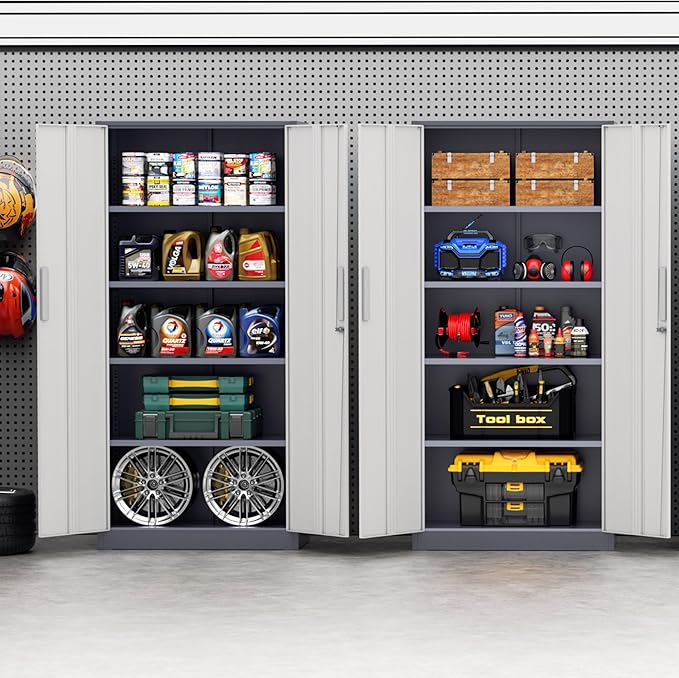 72” Metal Storage Cabinet, Lockable File Cabinets with 2 Doors and 4 Adjustable Shelves, Steel Tool Cabinets with Lock for Office, Home, Gym, Grey White-Small