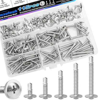 mxuteuk #8 Self Tapping Screws,410 Stainless Steel Self Tapping Screws for Metal,(1/2",5/8",3/4",1",1-1/4") Modified Truss Head Self Drilling Screw Sheet Metal Screw for Metal(115PCS)