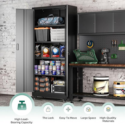 Greenvelly 73" Storage Cabinet with Wheels,Metal Rolling Garage Cabinet with Locking Doors and 4 Adjustable Shelves for Home,Kitchen,Office,Warehouse(32" W x 16" D)