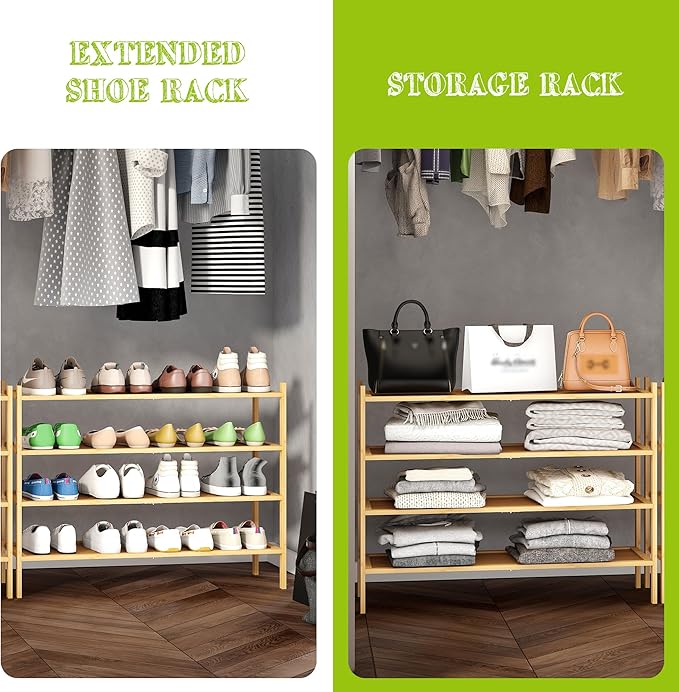 BMOSU 4-Tier Bamboo Extended Shoe Rack Premium Stackable Shoe Shelf Storage Organizer for Hallway Closet Living Room Entryway Organizer(Natural)