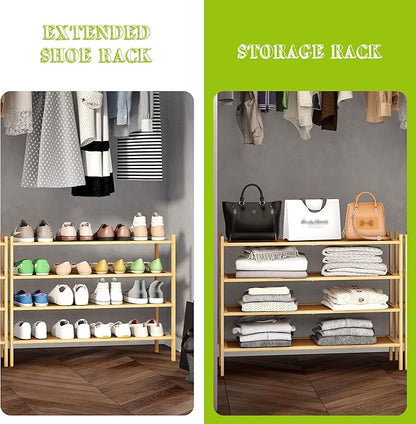 BMOSU 4-Tier Bamboo Extended Shoe Rack Premium Stackable Shoe Shelf Storage Organizer for Hallway Closet Living Room Entryway Organizer(Natural)