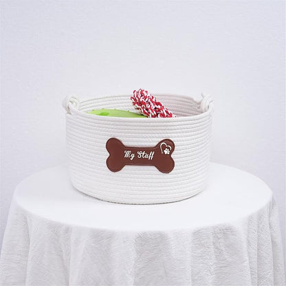 Pet Dog Storage Basket with Brown Leather Bone Design, Cotton Rope Organizer for Dog Toys, 12 x 12 x 7 inches, Puppy Toy Storage Organizer (Brown Leather Basket)