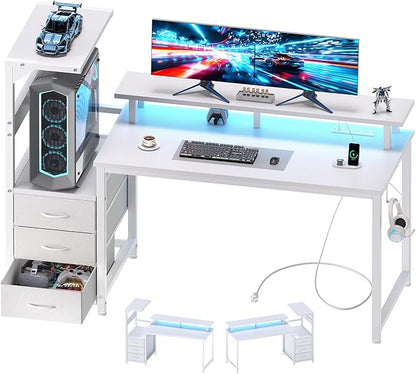 DUMOS L Shaped Gaming Desk with Shelves Storage Drawers 52'', White Computer Desks with LED Lights Power Outlets, Office Wood Table with PC Stand Cable Management for Bedroom Dual Monitor Streaming